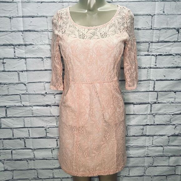 Maeve Womens Blush Pink 3/4 Sleeve Keyhole Scoop Neck Lace A-Line Dress Small - Picture 1 of 9